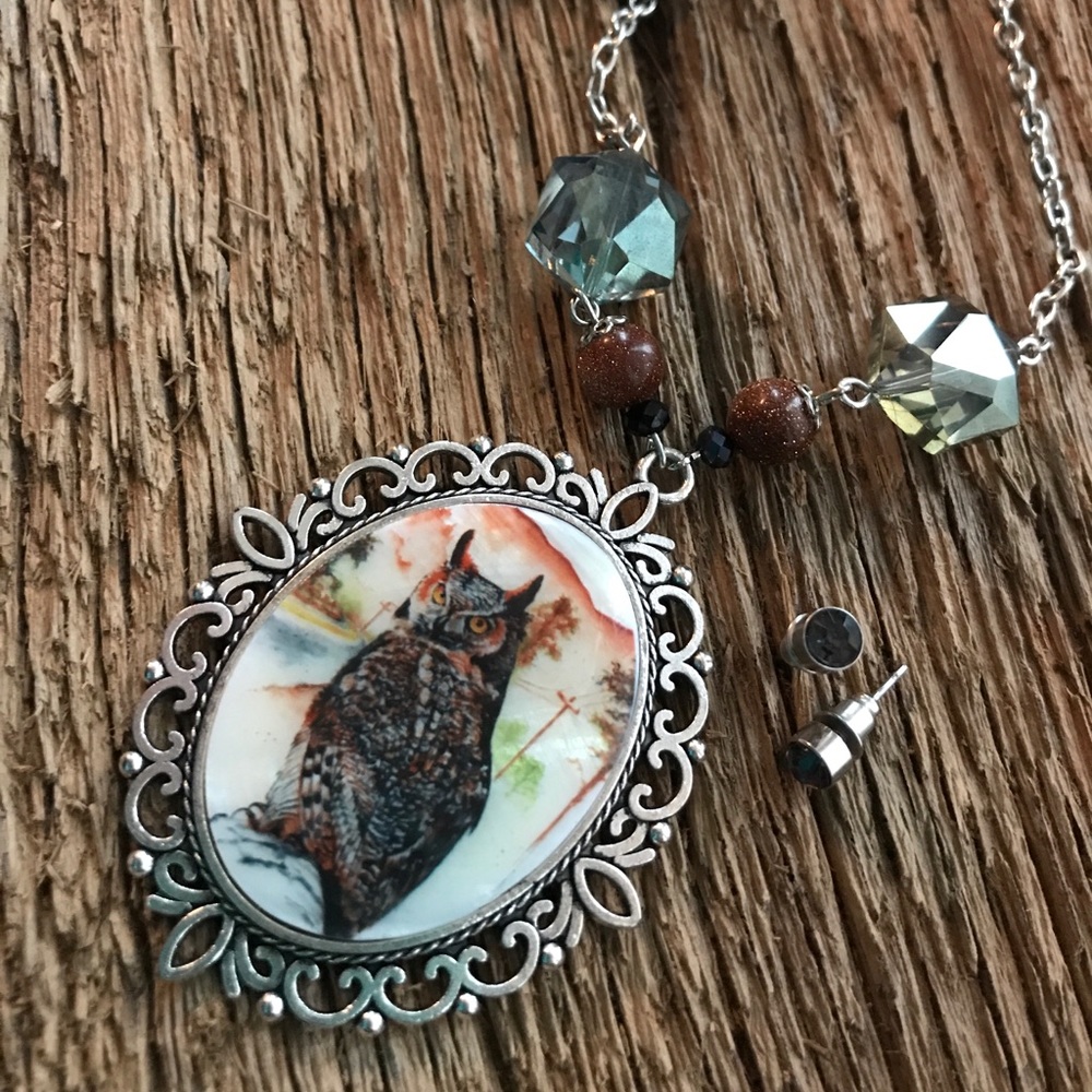 🦉 Great horned owl necklace and earrings set owl